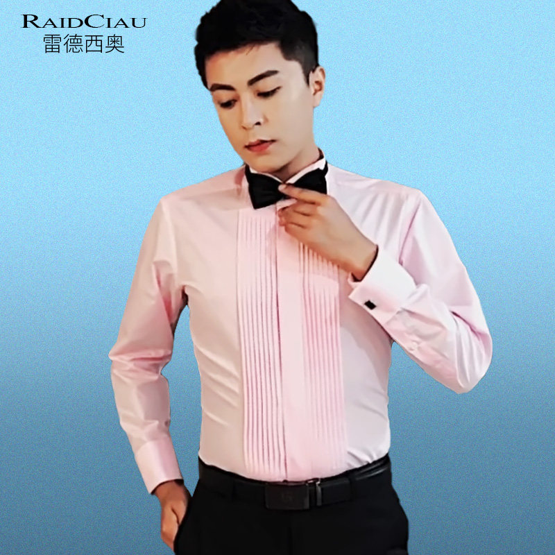 新郎粉色衬衫男结婚法式男士长袖婚礼燕子领礼服款领结伴郎服衬衫
