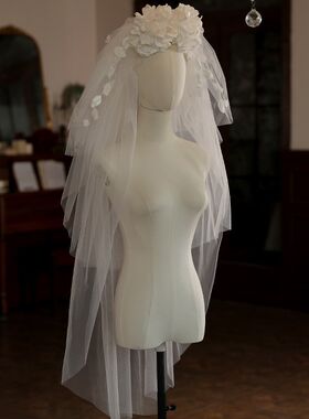 西式新娘手作缎面花片花朵叶子头纱结婚硬纱造型婚纱礼服百搭头饰