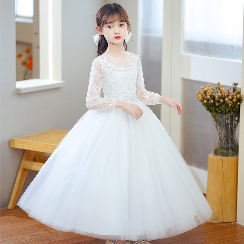 儿童婚纱裙白色礼服连衣裙女童长袖粉红色公主长裙春秋花童演出服