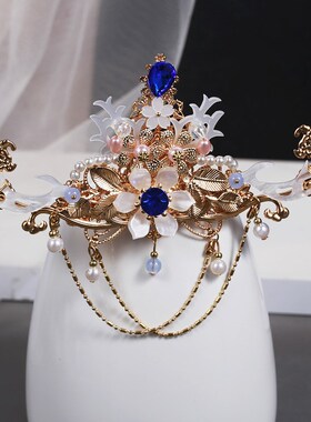 古风汉服发冠古典手工龙角花朵流苏日常百搭简约额链发冠盘发头饰