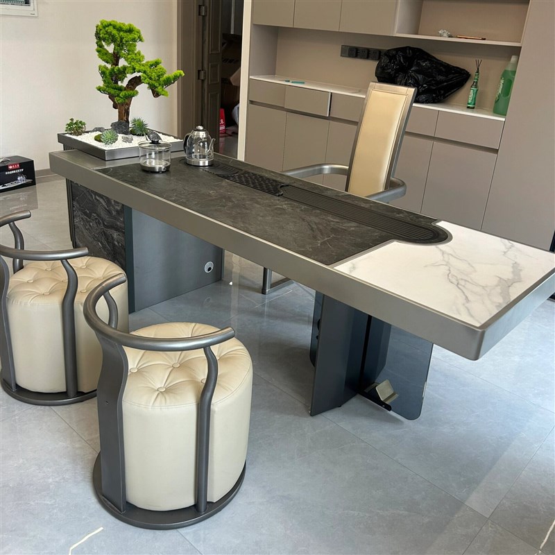 新中式岩板茶台办公室现代实木茶桌椅组合烧水一体泡茶桌木质家具