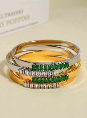 法式复古不掉色绿色白色首饰链条锆石个性真金电镀手镯饰品