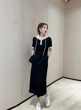 2024新款短袖拼色连帽过膝卫衣裙大码女装休闲显瘦长款连衣裙长裙