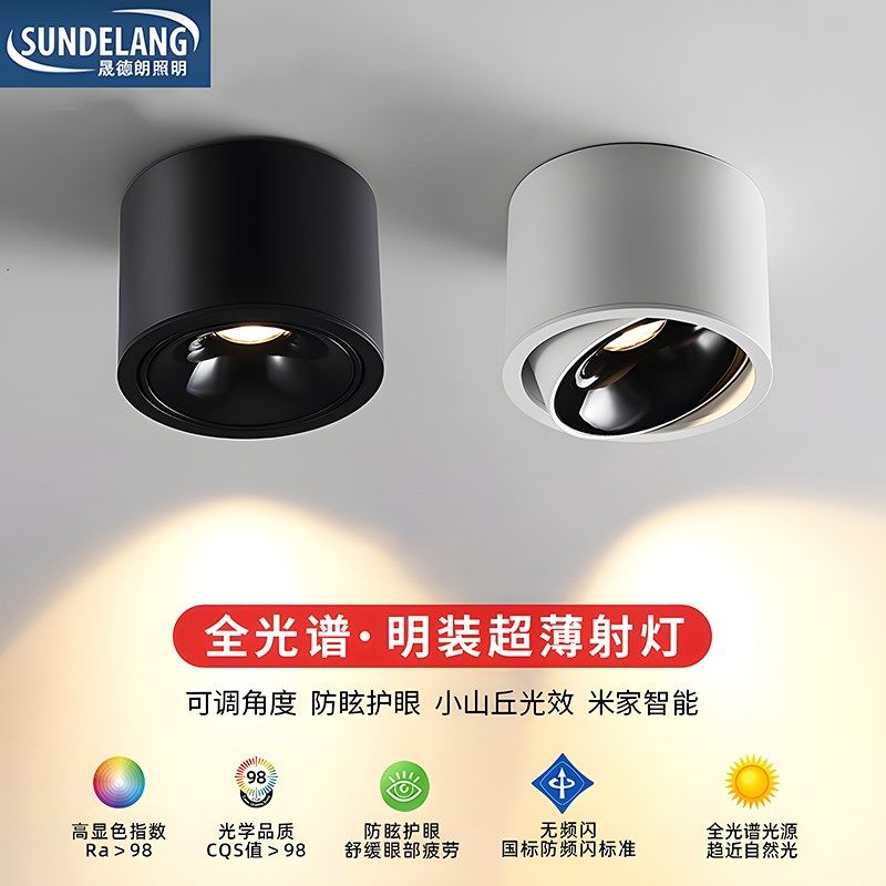 超薄明装防眩射灯可调角度小山丘客厅吸顶灯免开孔圆形筒灯无主灯