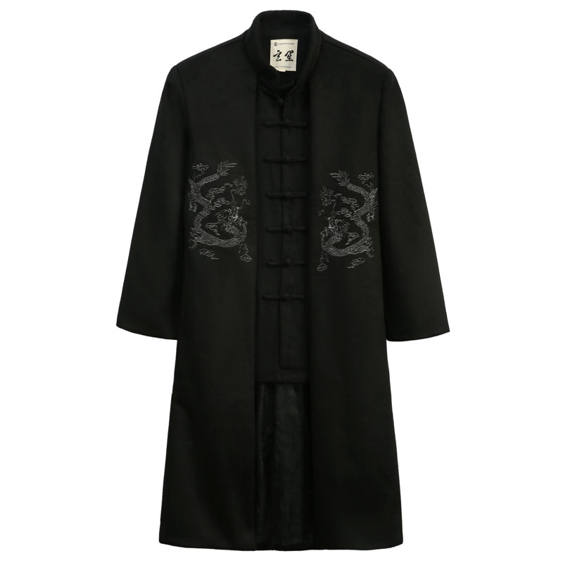 秋冬新款唐装男中国风男装双龙刺绣假两件外套男士中长版毛呢大衣