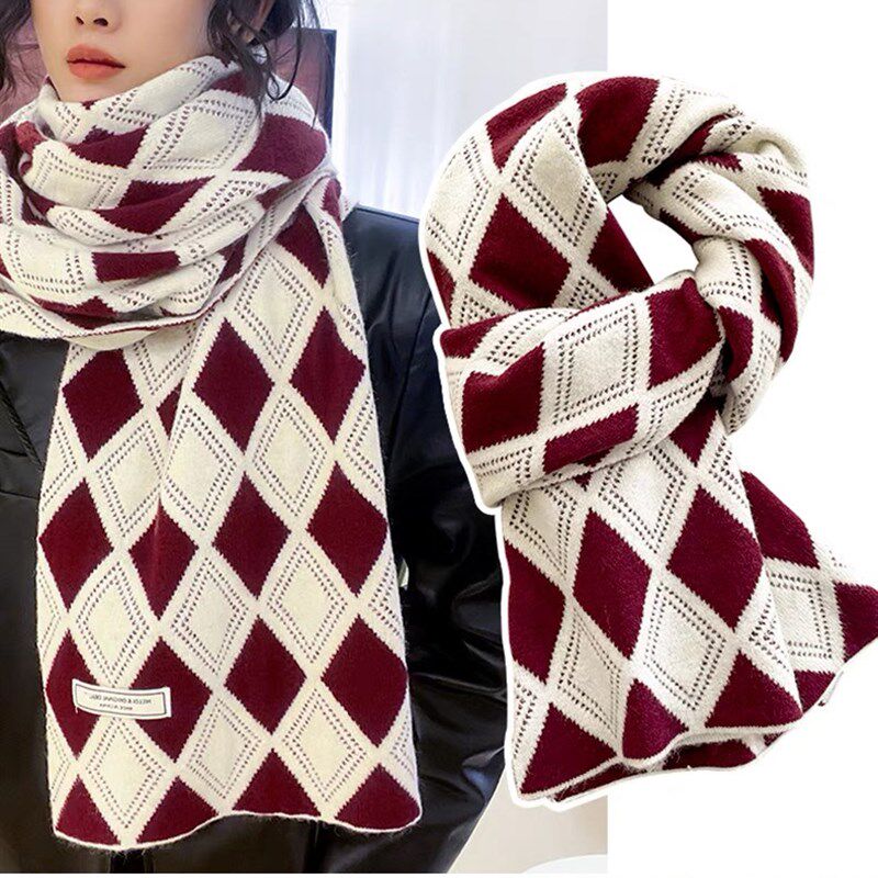 韩版简约双面菱形格子围巾保暖加厚双面针织围脖女冬季新款厚披肩