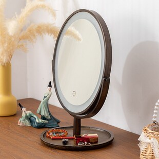 复古化妆镜led带灯家用桌面非木质卧室台式梳妆镜学生宿舍镜子