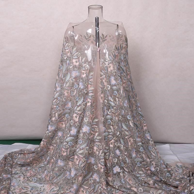 雅粉花朵蕾丝网纱蕾丝妈妈装连衣裙婚礼婚宴礼服服装刺绣布料面料