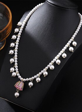 法式温柔优雅气质镶钻花朵仿珍珠锁骨项链甜美琉璃小众高级项饰女