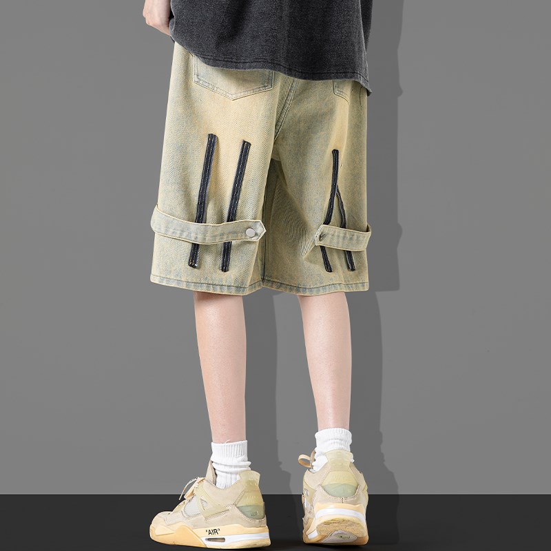 美式高街潮牌牛仔短裤男夏季新款水洗做旧男生宽松五分裤休闲裤子