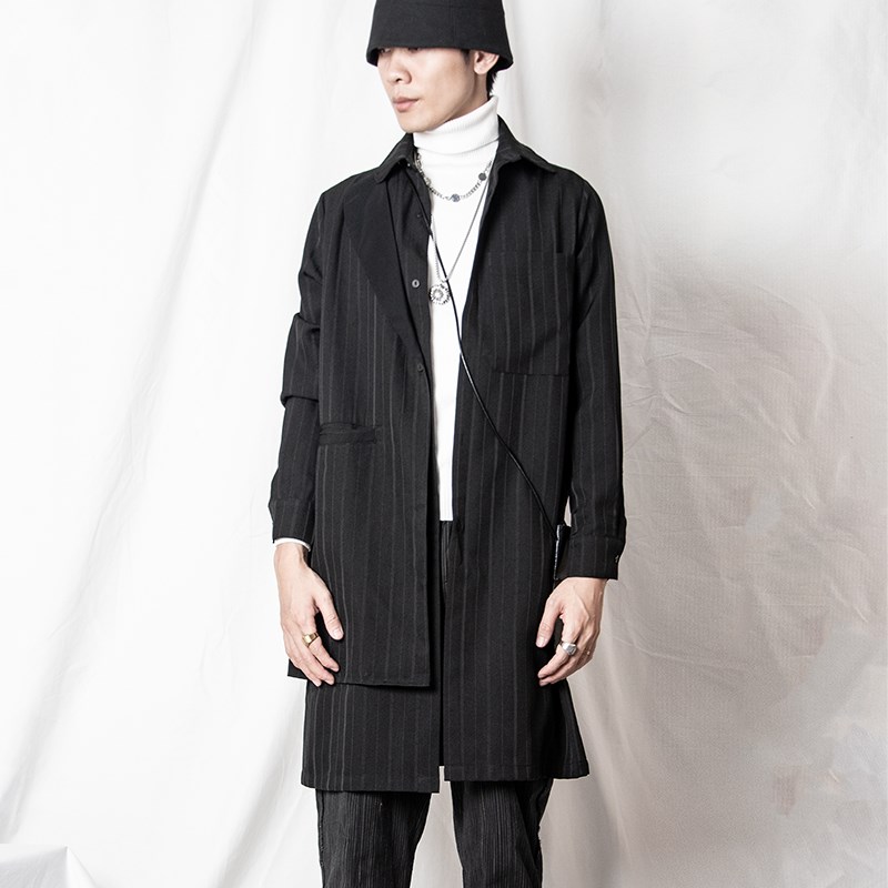 山本风假两件条纹中长款衬衫风衣男发型师设计感小众个性衬衣长袖