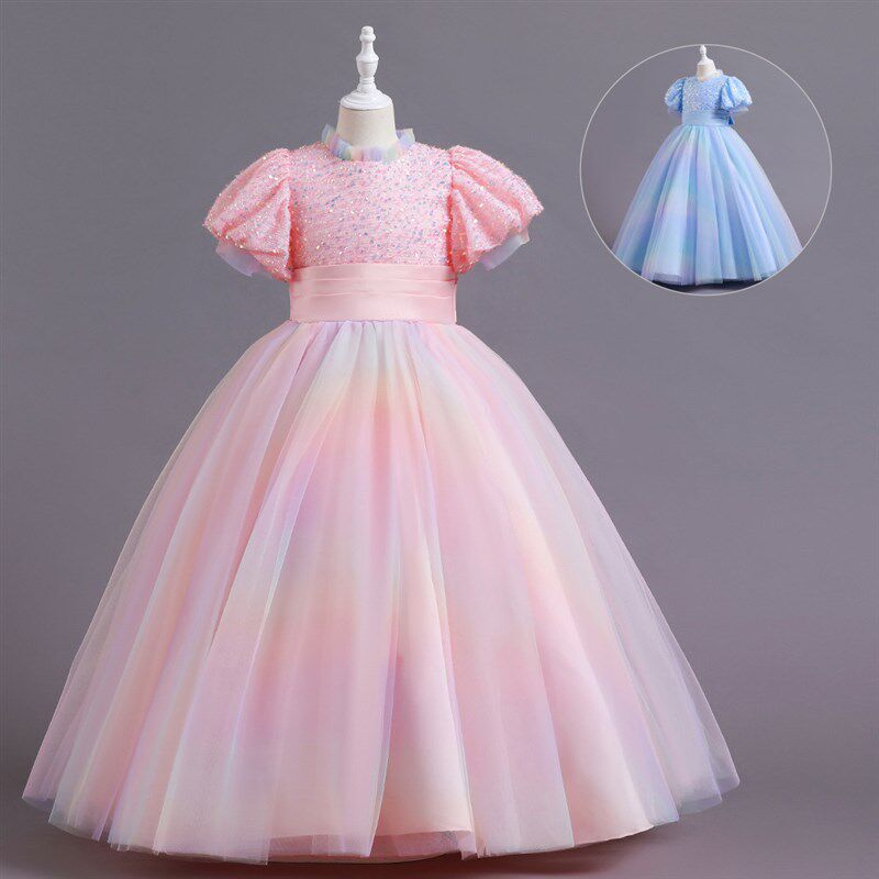 中小女童在逃公主梦幻粉色网纱蓬蓬连衣裙六一主持人演讲礼服裙