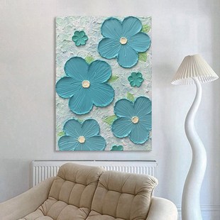 北欧简约纯手绘油画大幅玄关装饰画小清新客厅蓝色花朵厚肌理挂画