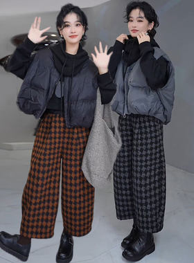欧货大码羽绒棉马甲套装女2024秋冬新款棉衣坎肩格子毛呢九分裤
