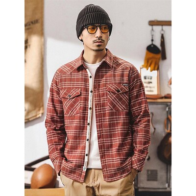 美式复古重磅纯棉硬挺工装长袖格子衬衫外套男秋冬款外贸男装衬衣