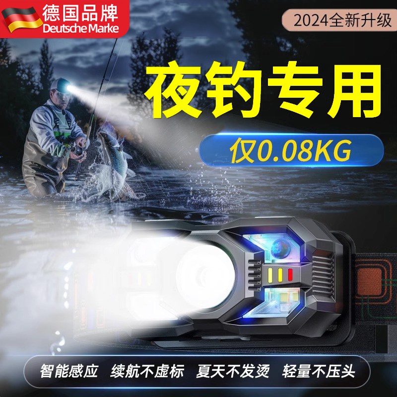 德国夜钓鱼专用头灯2025新款强光头戴式感应超长续航100小时户外