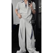 新品 小众设计感撞色双领短袖 T恤套装 龙叨叨夏季 男宽松垂感休闲裤