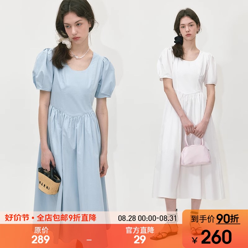 范洛2024夏季新款女法式复古泡泡袖U领收腰显瘦气质茶歇A字连衣裙