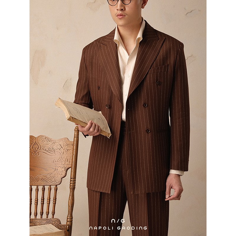 条纹西装男春季双排扣戗驳领商务休闲免烫单西绅士垂感双开衩外套