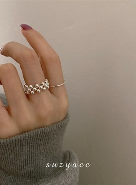 韩国米珠串珠弹力绳设计纯银戒指女简约冷淡风小众设计感食指戒