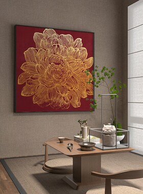 新中式高级感金色花卉红色客厅沙发背景墙装饰画餐厅玄关方形挂画