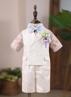 男童礼服短袖夏季儿童主持人花童马甲西装套装走秀钢琴演出服白色