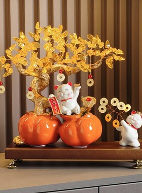 事事如意柿子摆件招财猫发财树客厅酒柜电视柜装饰品乔迁搬家礼物