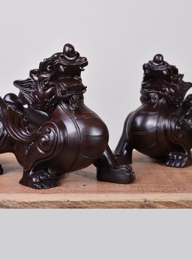 黑檀实木貔貅摆件皮丘木头一对木雕客厅办公室装饰开业送礼工艺品