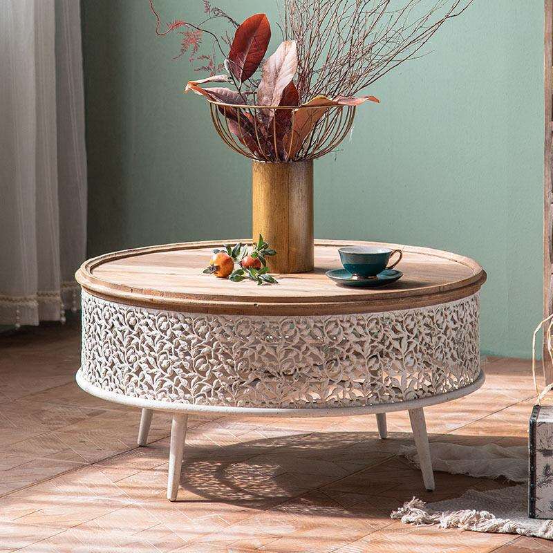 法式复古实木小圆桌子 民宿客厅小茶几家用休闲咖啡桌 阳台边角几