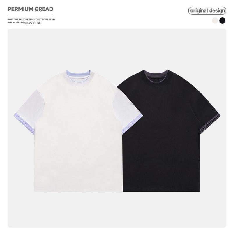 日系复古格子撞色翻边假两件短袖T恤男女圆领休闲宽松体恤衫