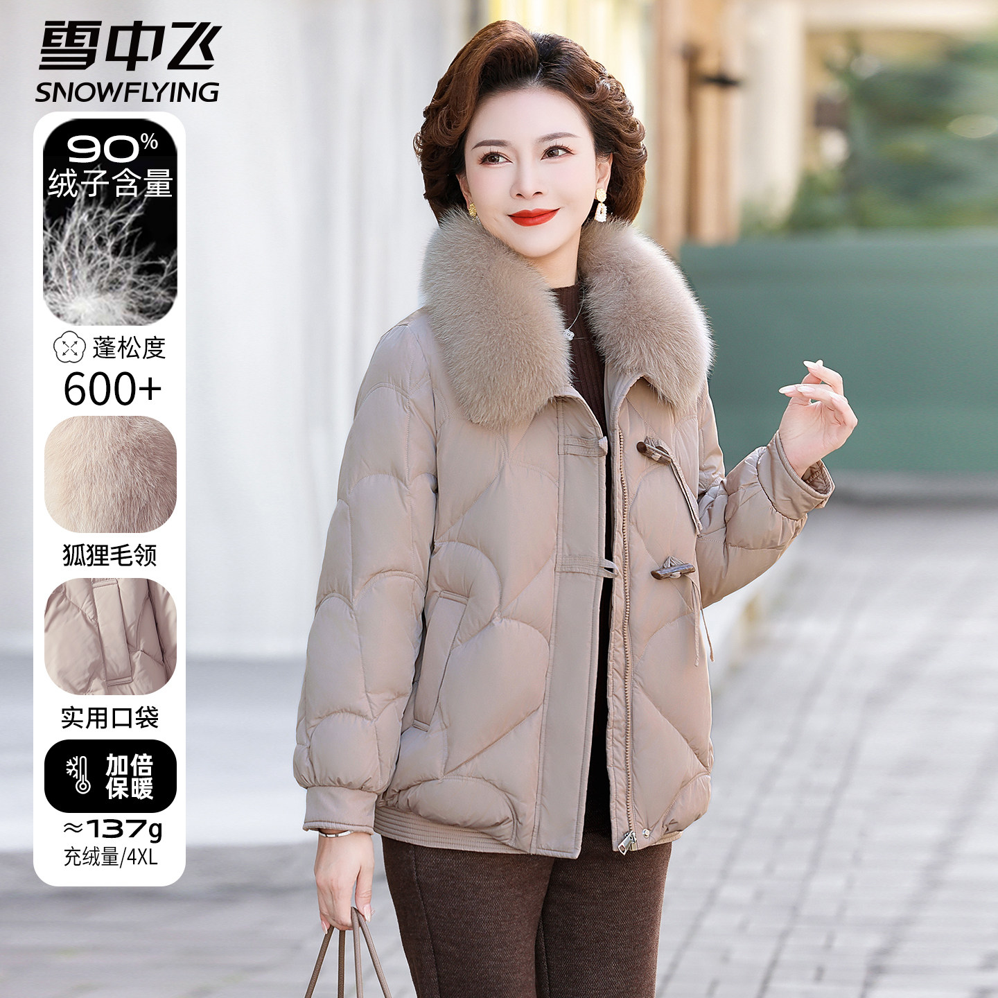 雪中飞妈妈装狐狸毛领短款羽绒服冬季女款翻领冬装中老年保暖外套