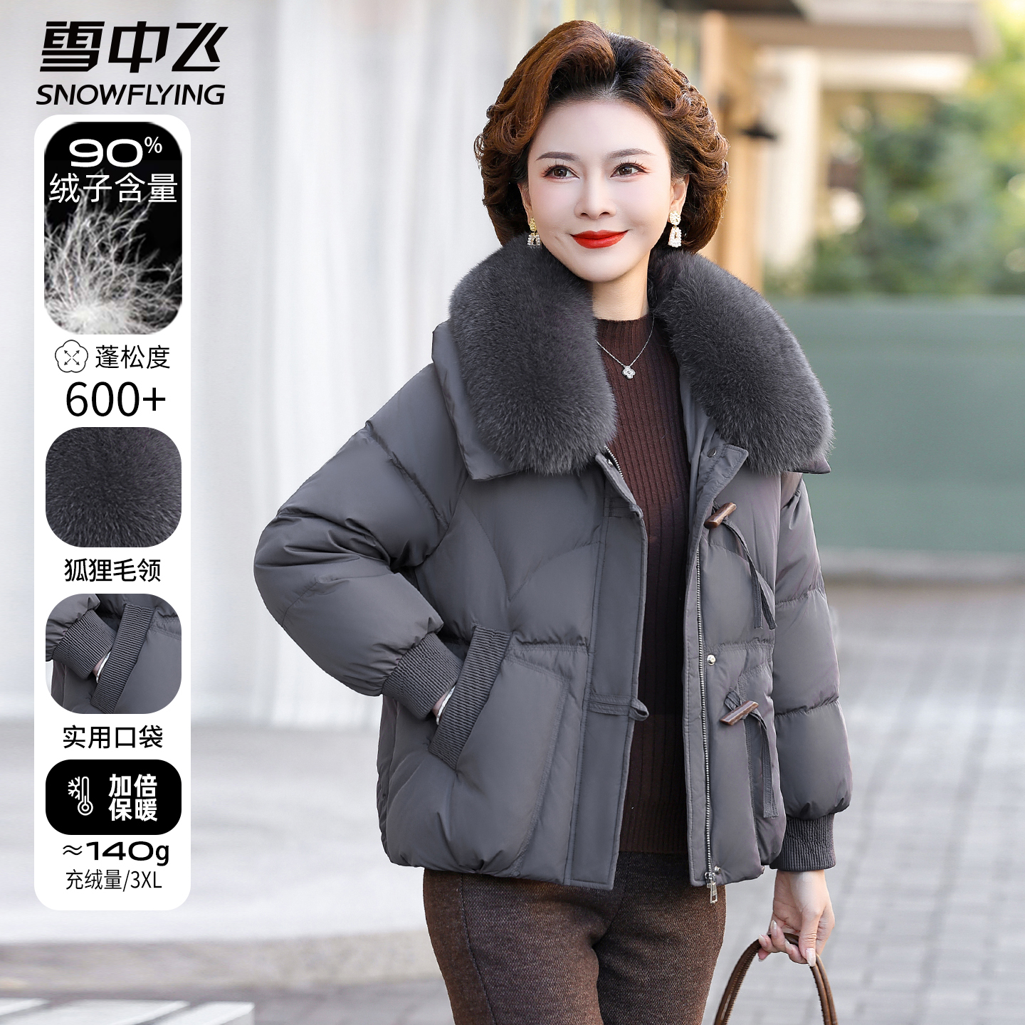 雪中飞保暖羽绒服冬装减龄妈妈装大毛领加厚款中老年气质短款外套