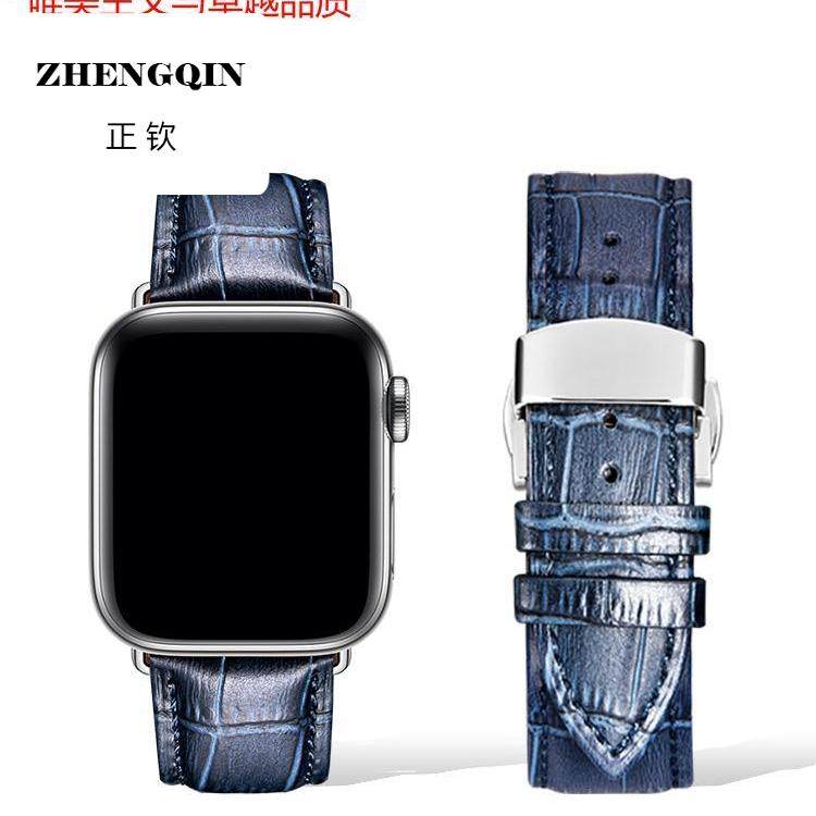 适用fxi 蓝色鳄鱼纹苹果手表表带女男头层牛皮applewatch表带iwat