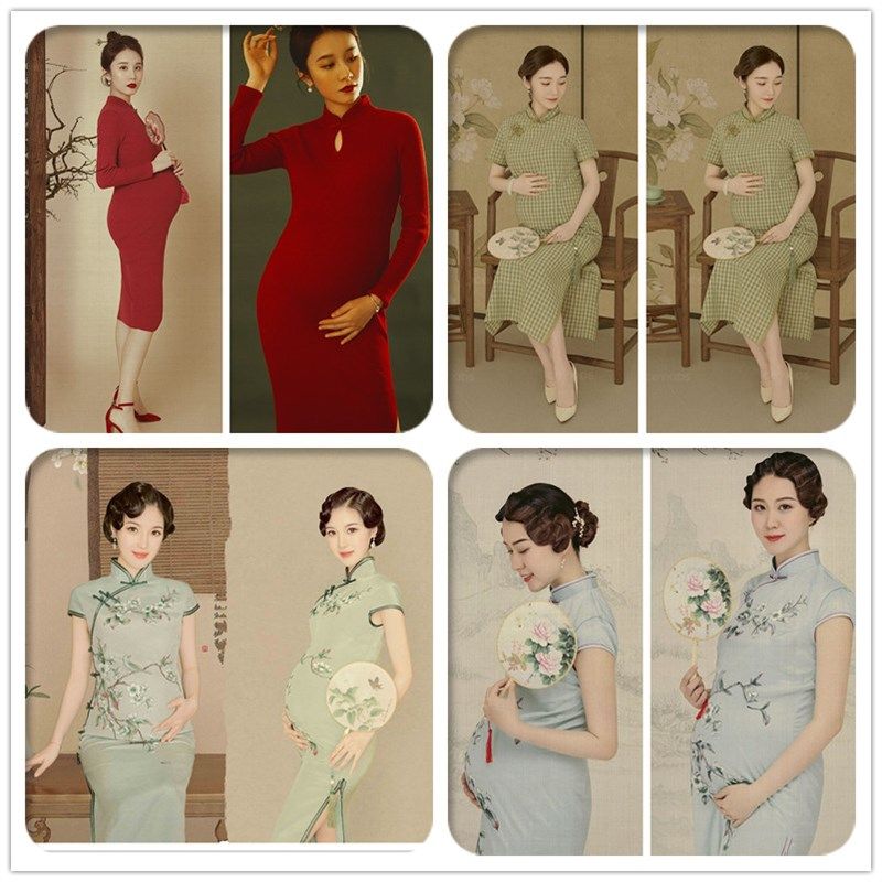 孕妇写真拍摄影楼水墨工笔画中国风艺术旗袍服2022展会新款孕妇装