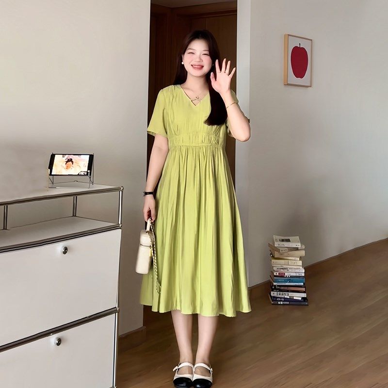 微胖的喵喵 大码女装夏季遮肉收腰显瘦胖mm漂亮独特连衣裙子 8912
