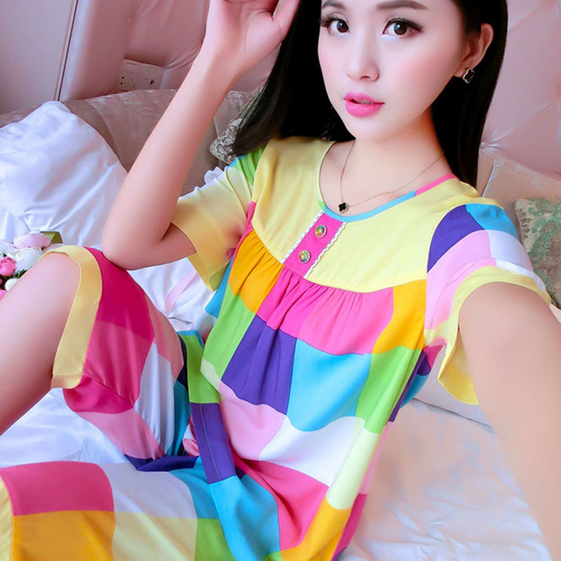 100%睡衣女夏季空调服棉绸短袖家居服纯棉妈妈套装薄款冰丝可外穿