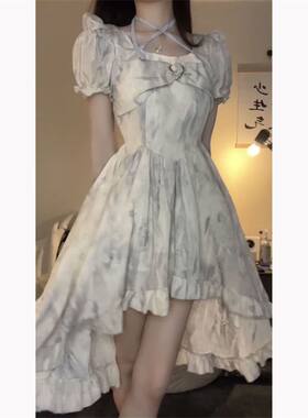 女童甜美设计感水墨画印花不规则连衣裙女学生夏季收腰显瘦A字裙