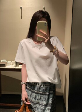 NAZ那子大码夏季雅纱棉手工花朵钉珠T恤胖mm重工洋气显瘦上衣女