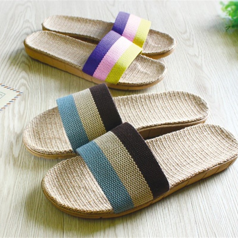 春夏天四季家居家用室内木地板情侣条纹男女亚麻草编棉麻凉拖鞋子