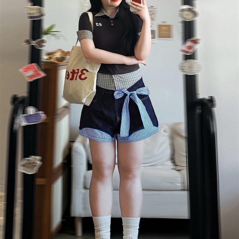 特大码女装胖mm设计感格子拼接牛仔短裤女覆古宽松百搭显瘦热裤子