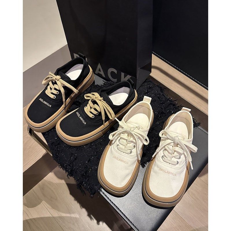 上新季~韩版薄款透气小众方头帆布鞋女厚底低帮小白鞋板鞋学院风,女鞋,时尚休闲鞋,淘宝优惠券,粉丝福利购,淘宝优惠卷