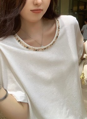 NAZ那子大尺码夏季重工领口手工钉珠短袖T恤胖mm设计感洋派上衣女