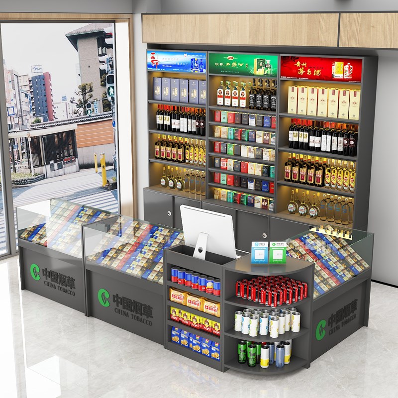 超市收银台便利店烟酒柜展示柜一体组合柜台吧台定制转角玻璃烟柜