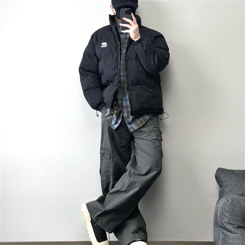 日系潮牌冬季立领棉衣男装潮牌棉袄宽松休闲外套男搭配直筒裤套装