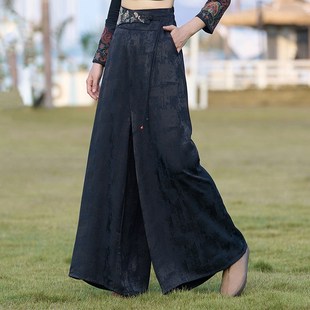 女长裤 宽松显瘦阔腿裤 民族风厚缎提花垂感腰部绣花休闲大脚裤 秋装