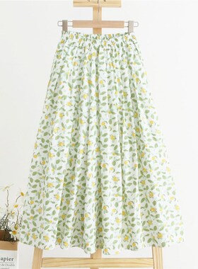 自制绿色长款半身裙女2025新款春夏季小清新碎花显瘦a字裙子大摆