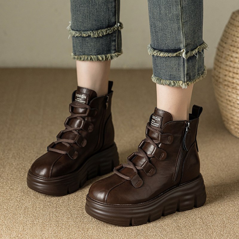 马丁靴女款2024新款冬款加绒内增高女鞋8cm真皮短靴厚底靴子棉鞋