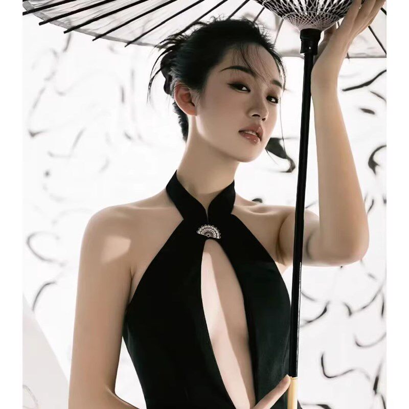 影楼中式汉服拍照道具写真古装摄影复古黑色水墨画伞中国风折扇子
