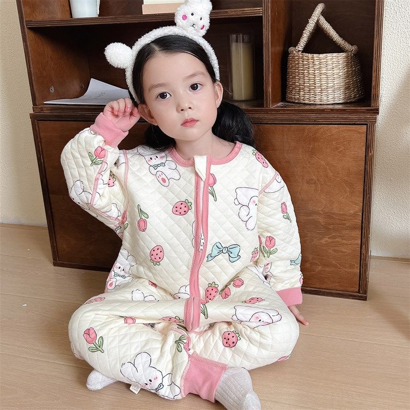 宝宝睡袋春秋款纯棉加厚男女童连体睡衣三层夹薄棉儿童防踢被秋冬