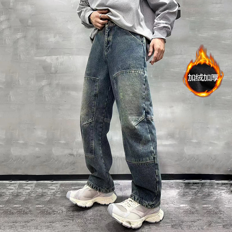 阔腿裤加厚拼接男士宽松弯刀裤子个性加绒牛仔裤抽绳工装直筒长裤